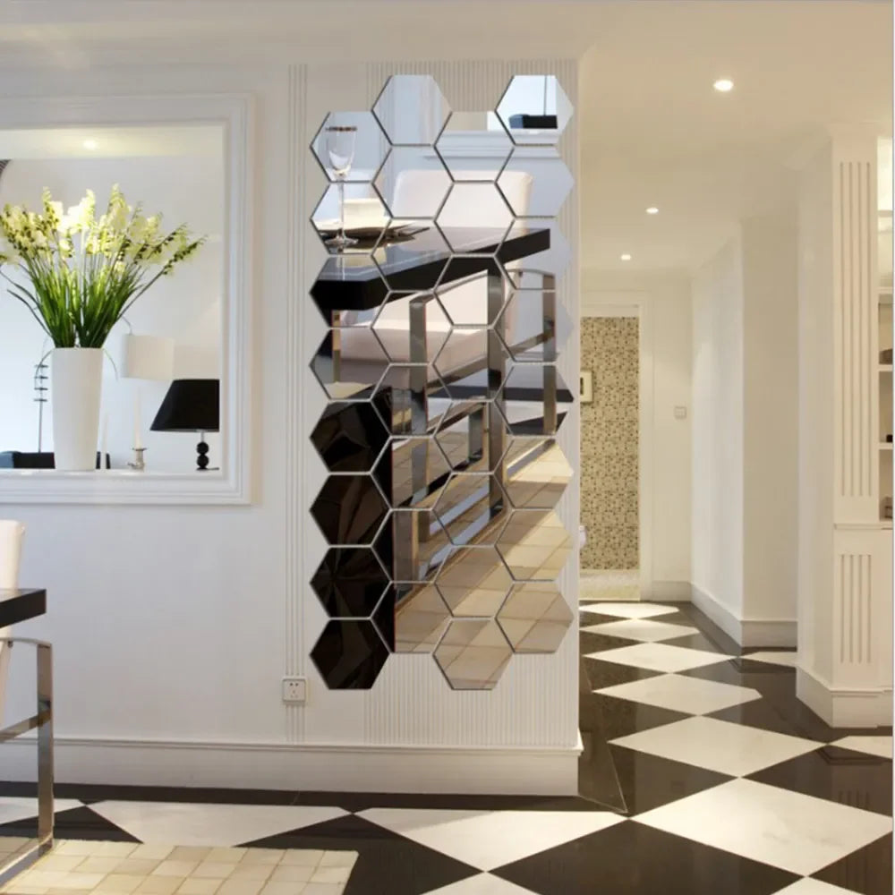 6/12pcs 3D Hexagon Mirror Wall Sticker