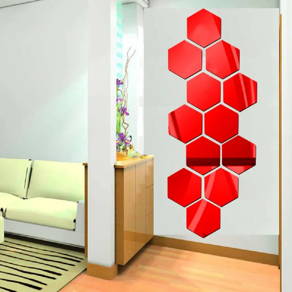 6/12pcs 3D Hexagon Mirror Wall Sticker