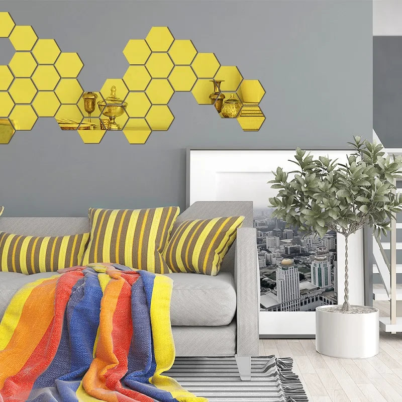 6/12pcs 3D Hexagon Mirror Wall Sticker